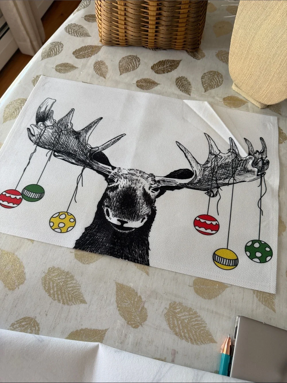 Moose Illustration placemats with Colorful Ornaments set of 4